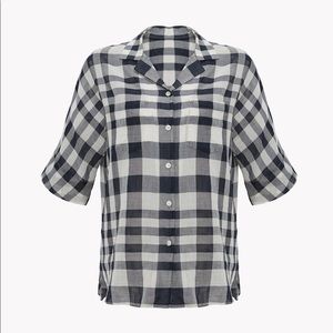 NWOT Theory cotton plaid camp shirt, navy plaid size L
